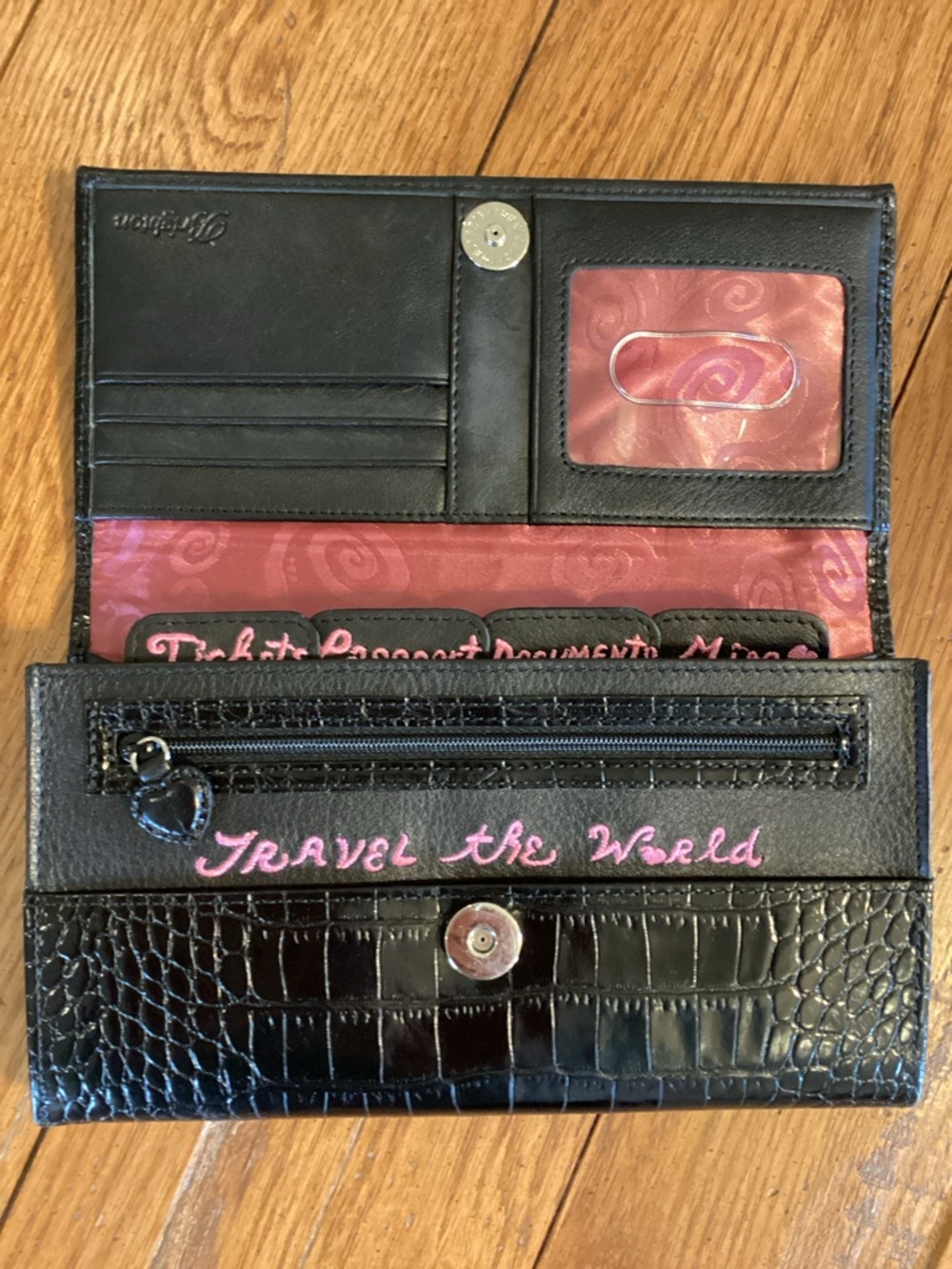 BRIGHTON Retired Travel The World Black Croc Embossed Leather Crossbody Bag